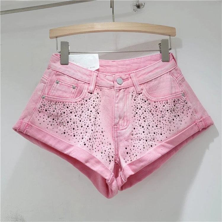 Retro Rhinestone Denim Shorts Women 2024 Summer Fashion New A- Line Wide Leg Short Pants Ultra Short Booty Shorts for Hot Girls