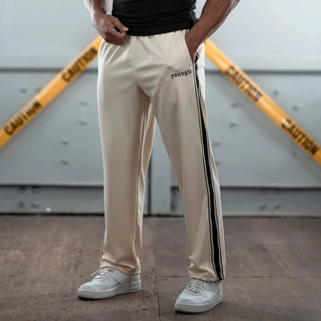 American Style Men's Sweatpants Knitted Striped Patchwork Embroidered Casual Pants Jogger Gym Sports Fitness Straight Leg Pants - Image 4