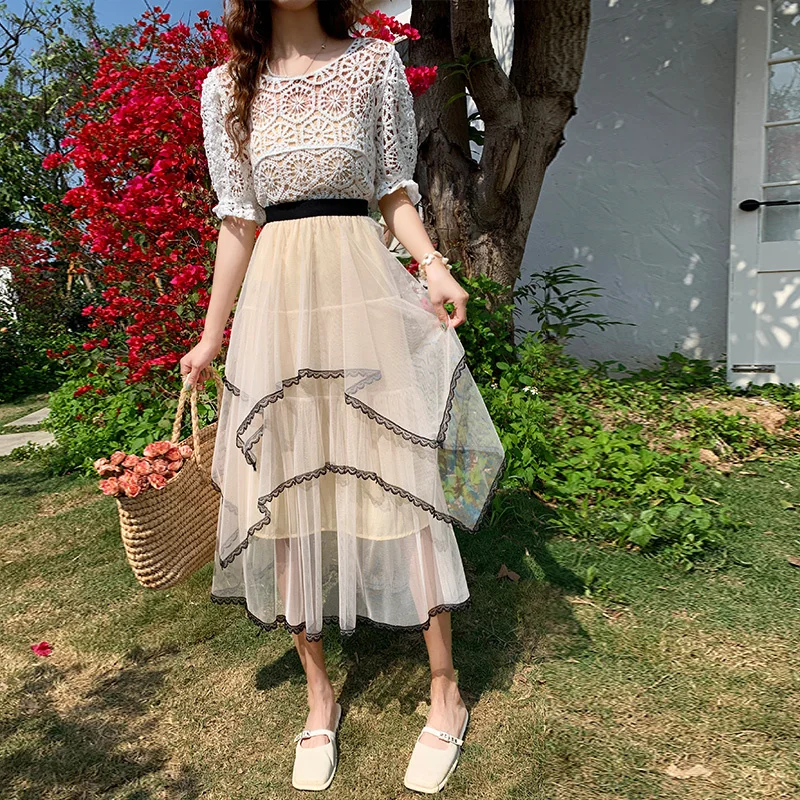 

Womens Mesh Skirt 2023 Luxury Fashion Midi Long Skirts Lolita Spring Casual High Waisted Irregularity Ruched Ruffle Skirts P245