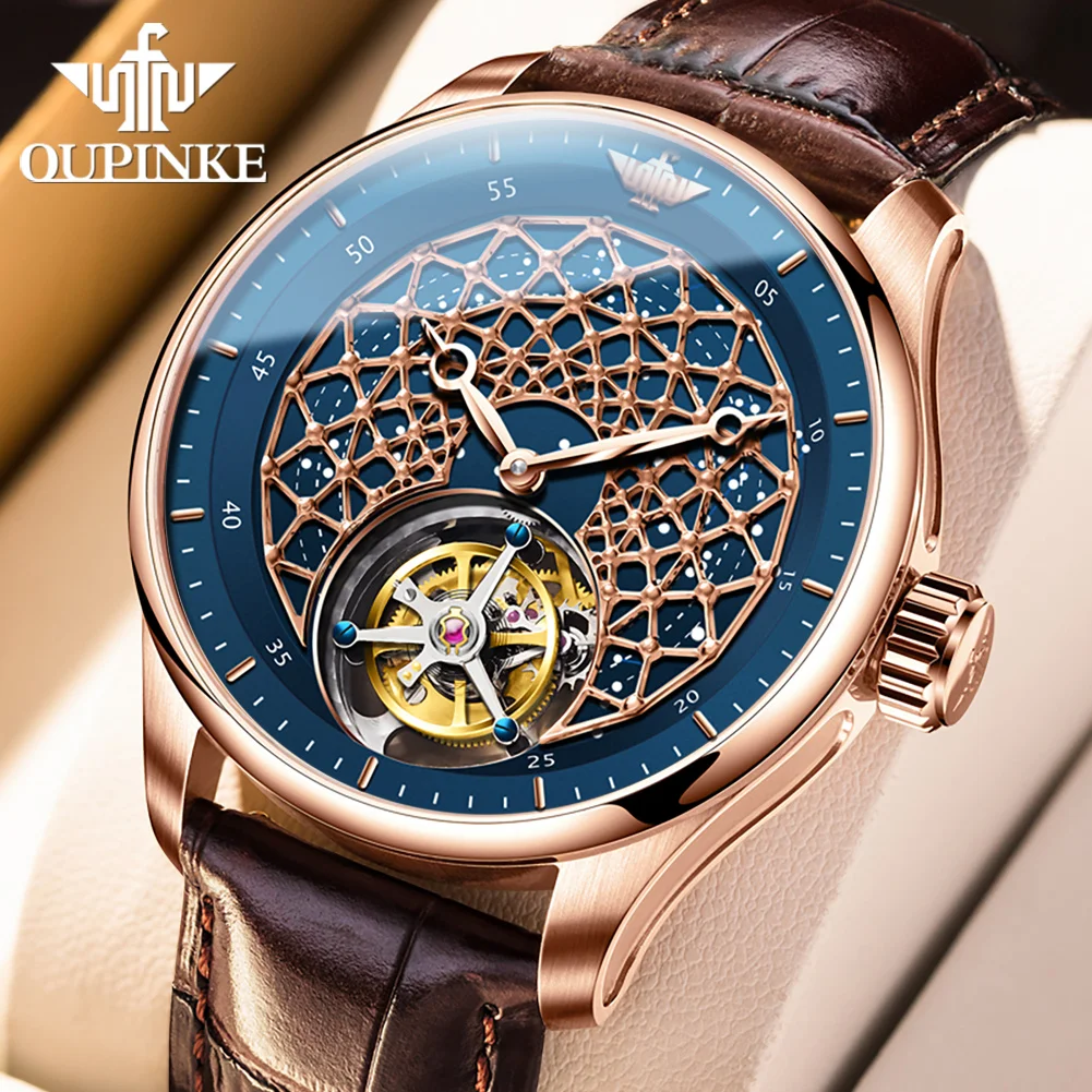 

OUPINKE Luxury Hollow Tourbillon Automatic Mechanical Watch for Men, Sapphire Mirror Leather Strap 50m Waterproof Skeleton Watch