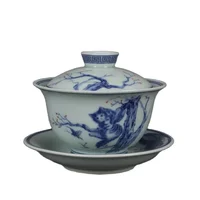 Blue And White Underglaze Red Lucky Cat Patterned Cover Bowl Chinese Style Retro Home Decoration Ornaments 1