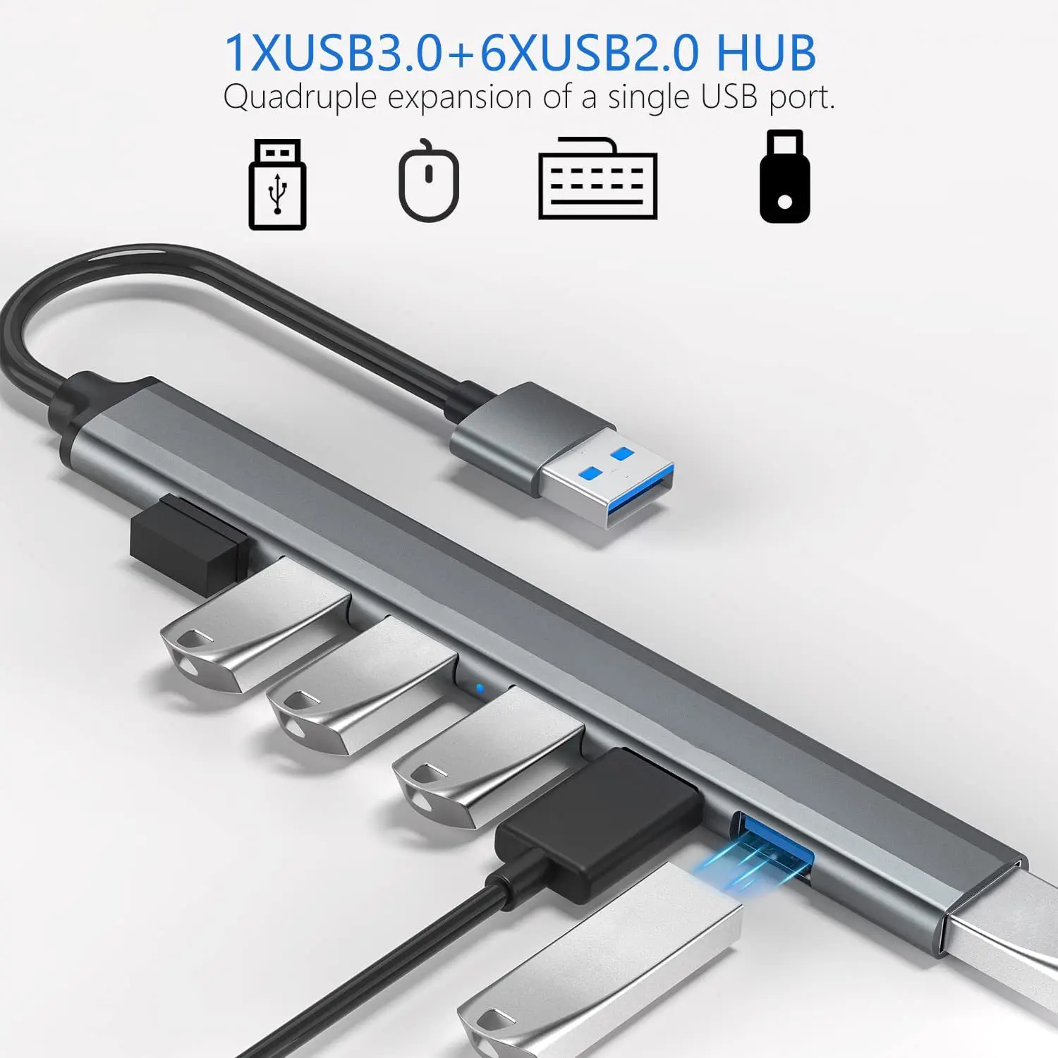 Aluminum Alloy 7-Port USB Hub with 3.0 Multi-Splitter Adapter