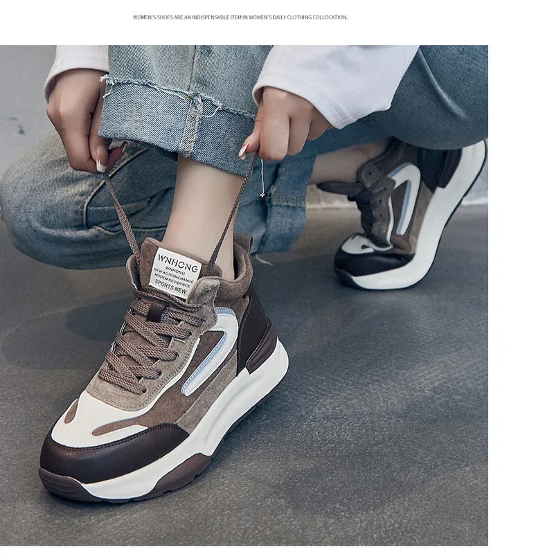 Women's Genuine Leather High Top Dad Shoes Thick Sole Trainers_voghion.com