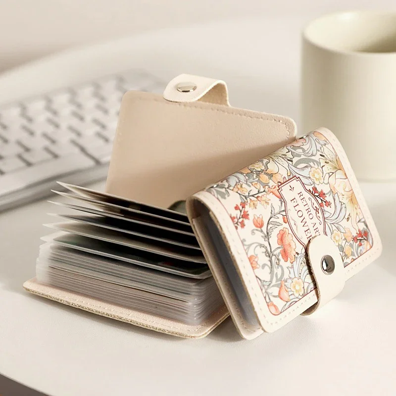Stylish Mini RFID Blocking PU Leather Card Holder, 20-Slot Business Card Organizer with Pull-Out ID Window for Women 카드 팩 Пакет