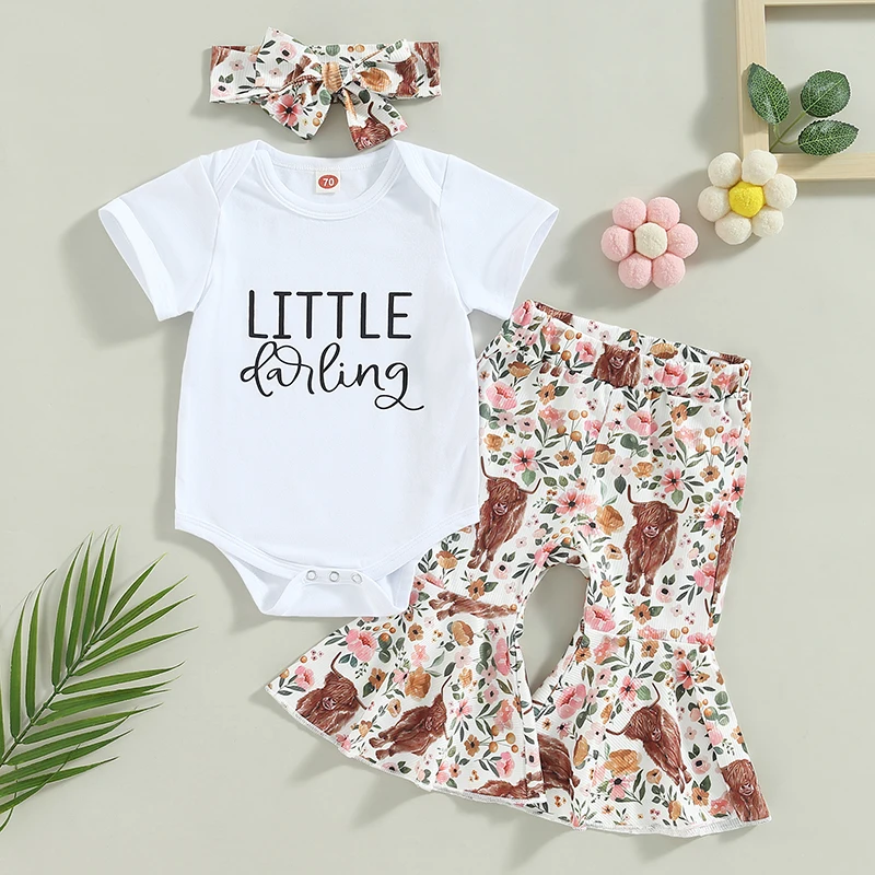 

Toddler Baby Girl Clothes Summer Outfits Letter Short Sleeve Romper Top Floral Flared Bell Bottom Pants Set