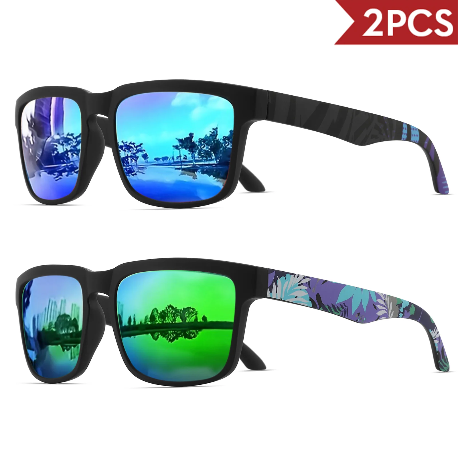 2 quadratische Sport-Sonnenbrille mit Designer-Tempelmuster – UV400 für Männer und Frauen, Strandurlaub – Detail 11