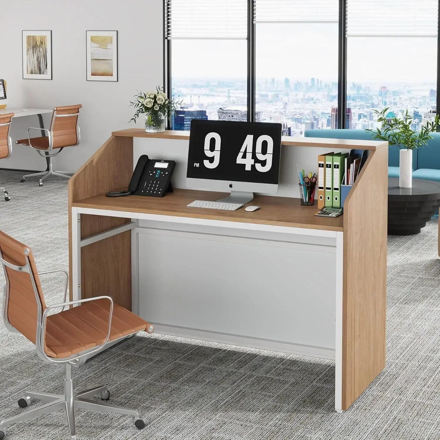 NEW-Reception Desk with Counter, Modern Front Desk Reception Room Table with Cable Grommet, 47 inch Retail Counter for Checkout,