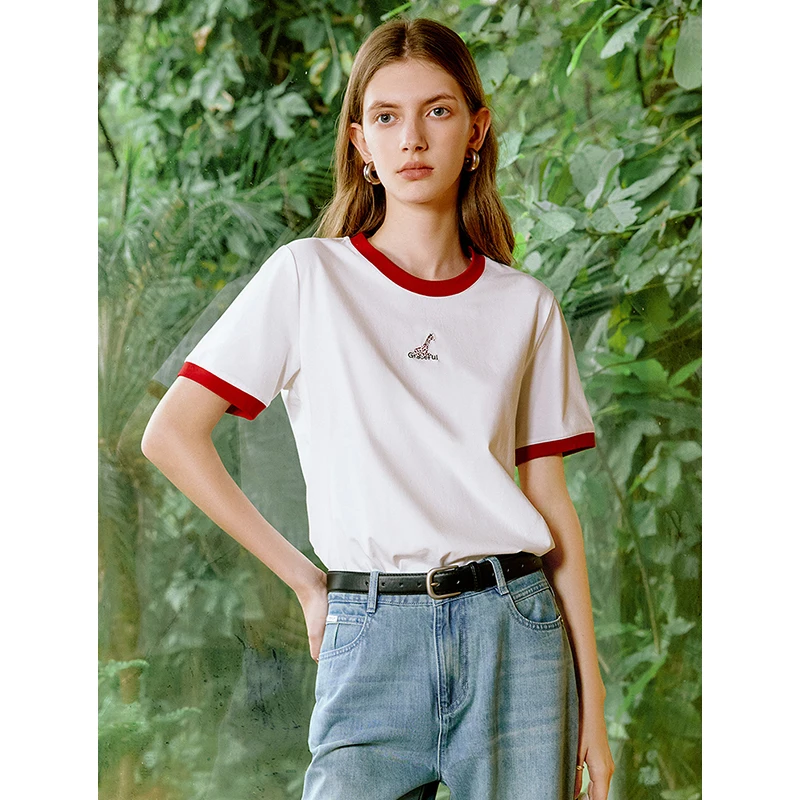 TOYOUTH Women T-shirt Summer Sorona Contrasting Edge O Neck Short Sleeve Animal Embroidery Casual T-shirt 3 Colors