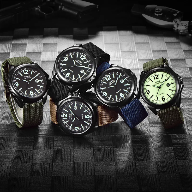 1pc / lot XINEW Brand Men Watches Black Boys Fashion Nylon Band Sports Army Date Quartz Wristwatch Montre Homme Reloj Hombre