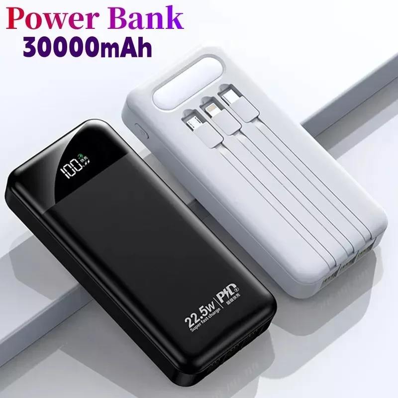 

30000mah 22,5 W Schnell Lade Power Bank Mit LED-Taschenlampe Portable Mit Kabel Power Bank Mobile Power Bank