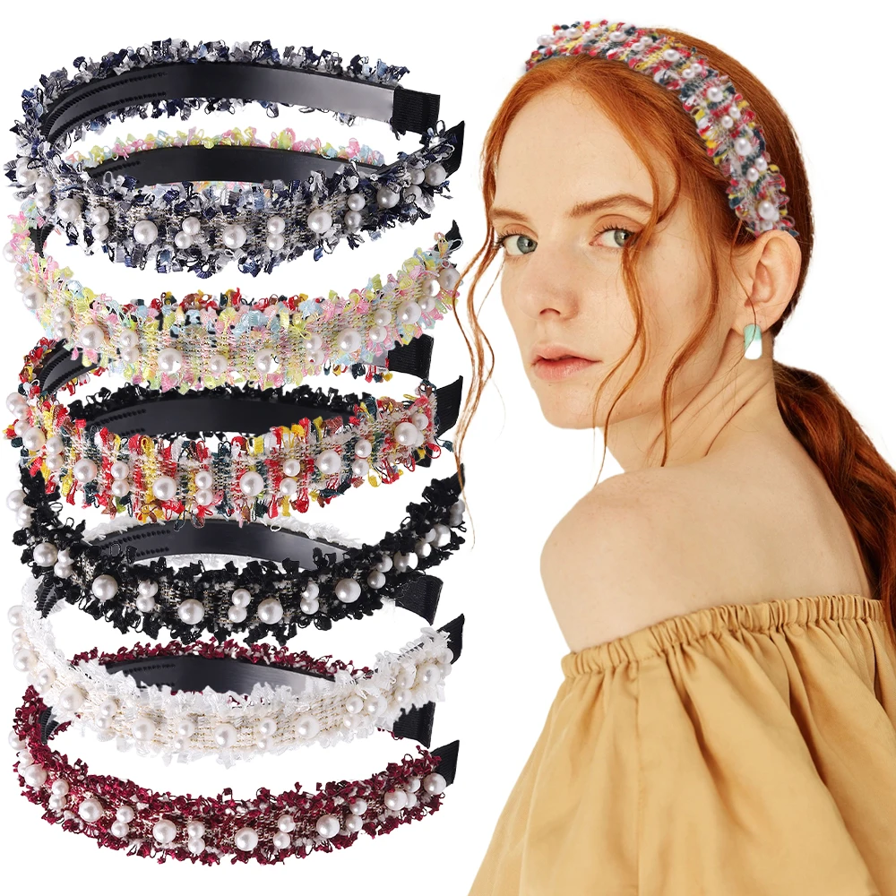 Luxury Women Lace Double rows of pearls Flower Woven Headbands Hairband Wide Fashion Head Band Girl Hair Hoop Hair Accessories hot girl waistband western cowboy cowgirl belt tie belt woven beads dropship