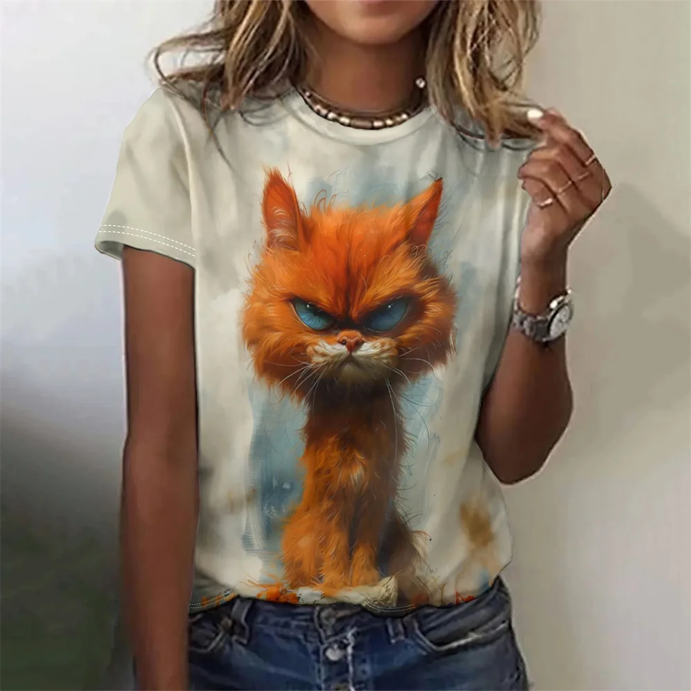 

Animal Cat Print T-shirts Women's O-neck Short sleeves Tee Casual Harajuku Y2k Clothing Kawaii Tops Summer Loose Female T-shirt