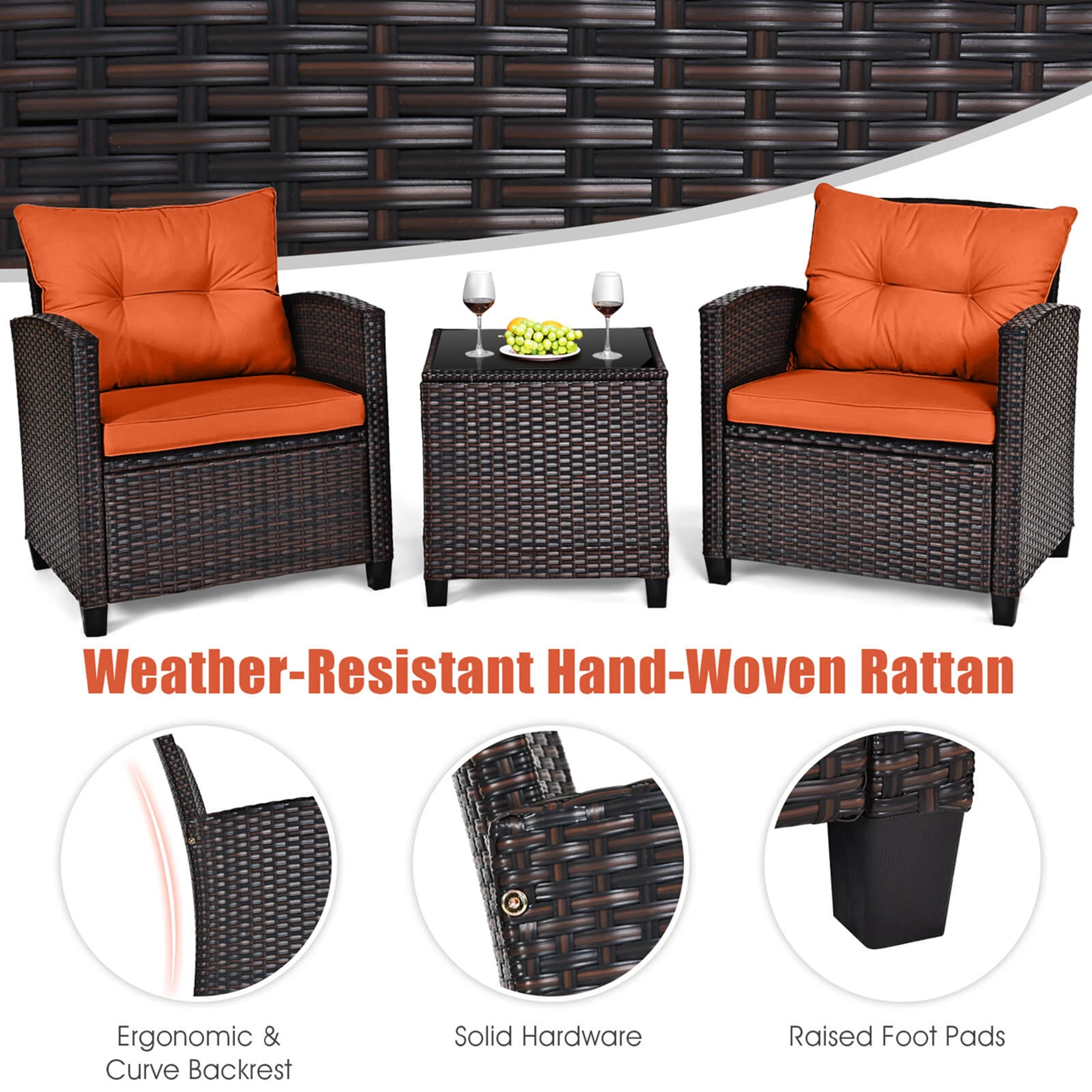 3 PCS Patio Rattan Furniture Set Cushioned Conversation Set Sofa Orange - Image 5