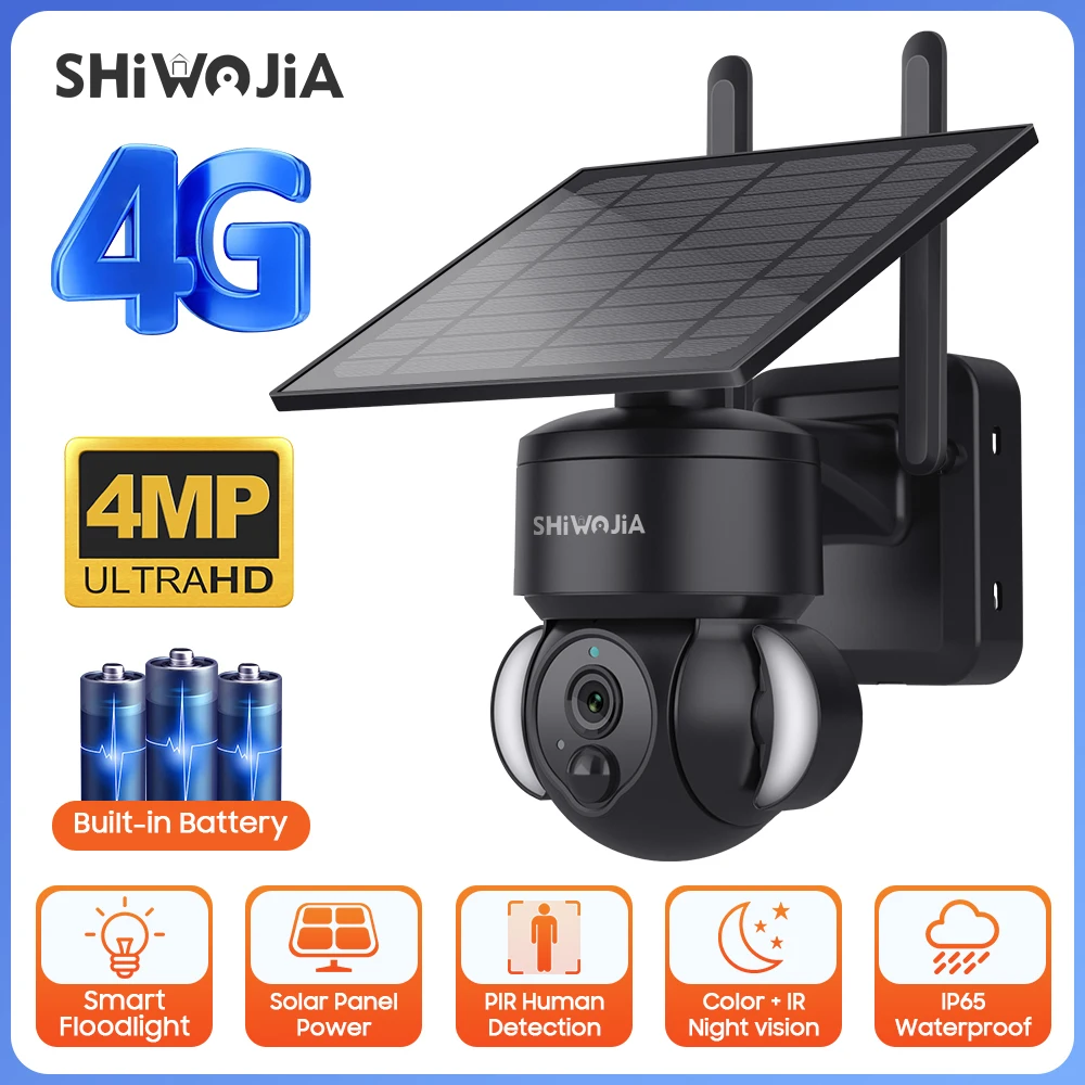 

SHIWOJIA Outdoor Camera 4G / Wifi Solar Powered 7500mAh Battery with 5W Solar Panels 4MP Color Night Vision Wireless Garden CCTV