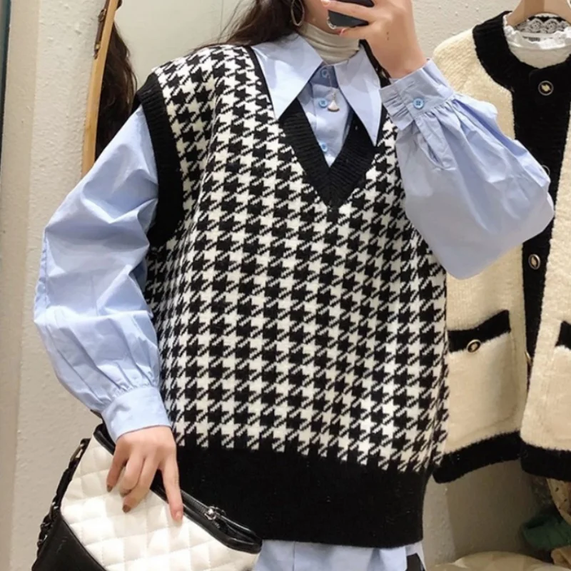 Women Plaid Knitted Vest Sweater Pullover