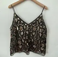Puloru Trendy Sequins Beads Flower Pattern Vests Women's Sleeveless Open Back V Neck Camisoles See-Through Chic Summer Camis