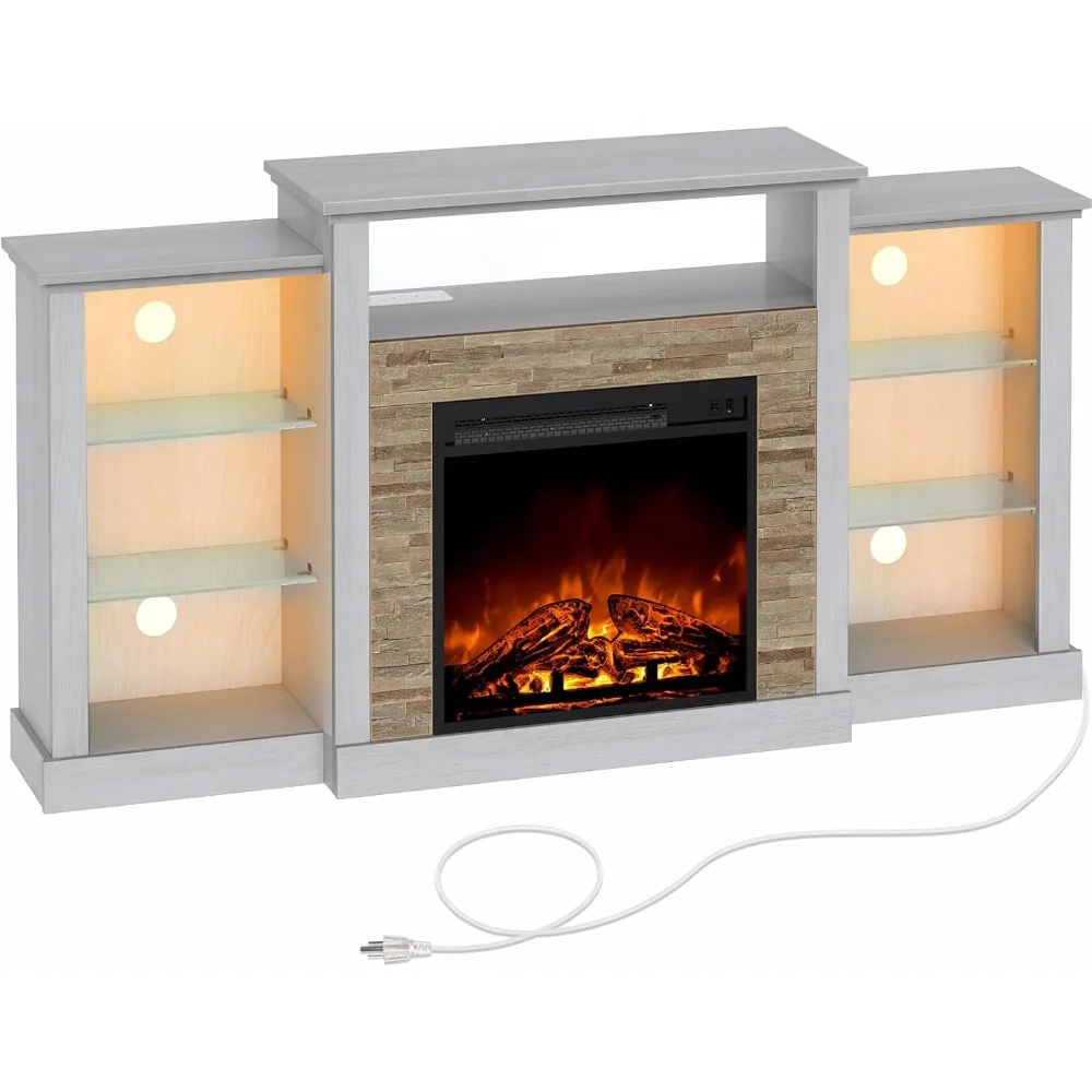 Fireplace TV Stand with LED Lights and Power Outlets, TV Console for 32" 43" 50" 55" 65", with Adjustable Glass Shelves 6