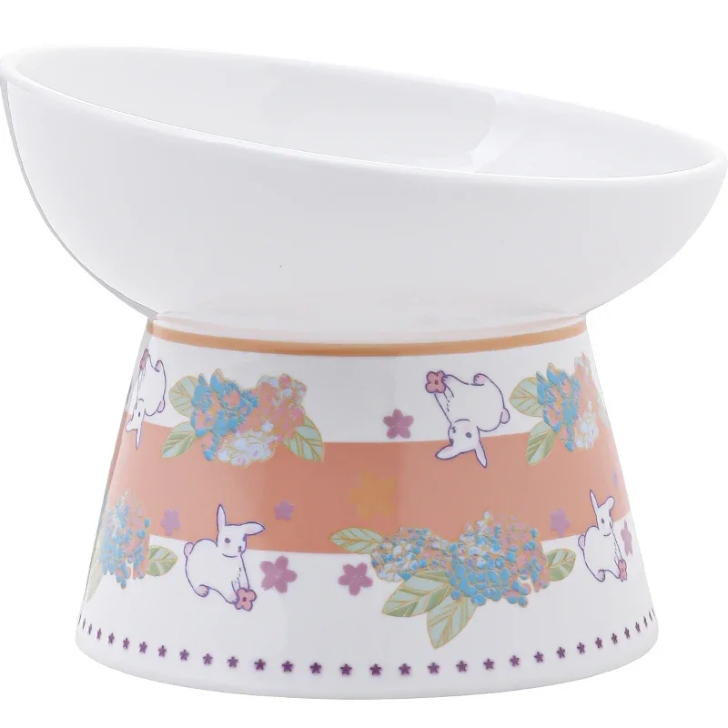 Japanese rabbit ceramic cat and dog water food bowl oblique mouth high protect cervical spine and prevent overturning