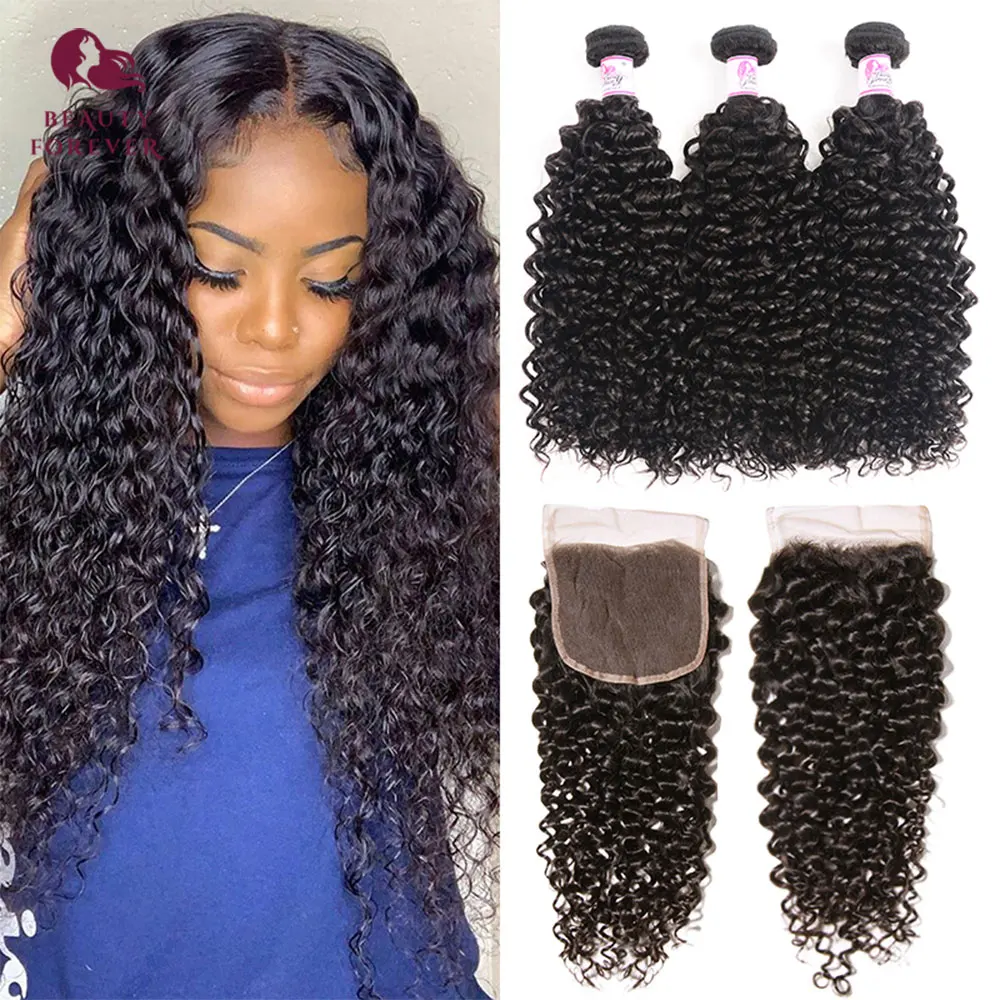 

Beauty Forever Malaysian Curly Human Hair Bundles With Lace Closure 4*4 Silk Base Closure Free Part 100% Virgin Hair Extension