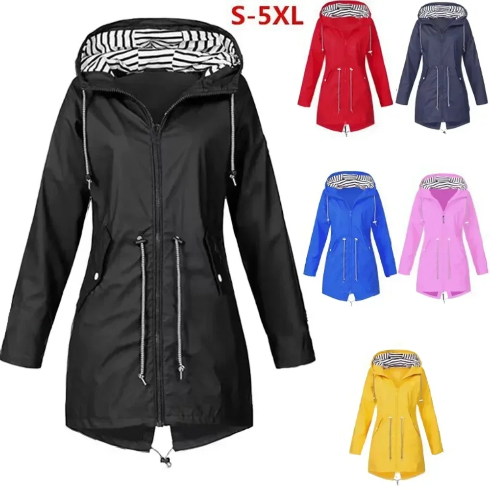 Women Waterproof Raincoat Casual Basic Outdoors Trench Lightweight Drawstring Jackets Hiking Clothes Spring Autumn