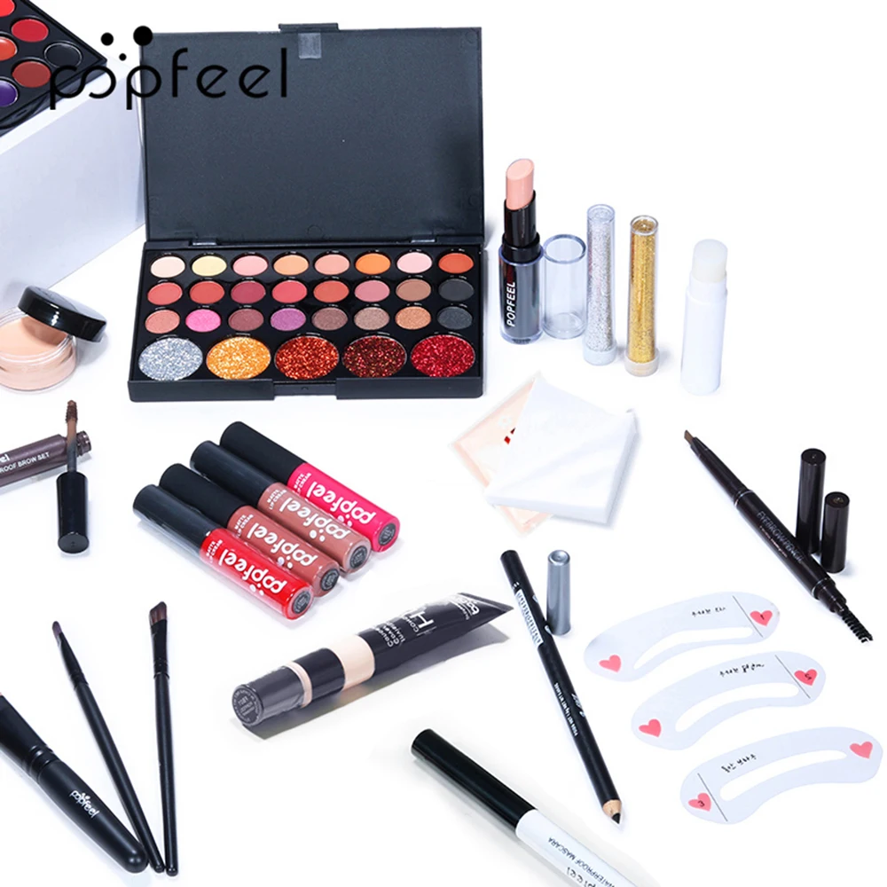 Makeup Kit Set with Eyeshadow Palette Lip Gloss Liquid Lipstick Makeup Sponge Foundation Concealer Eyebrow makeup kit