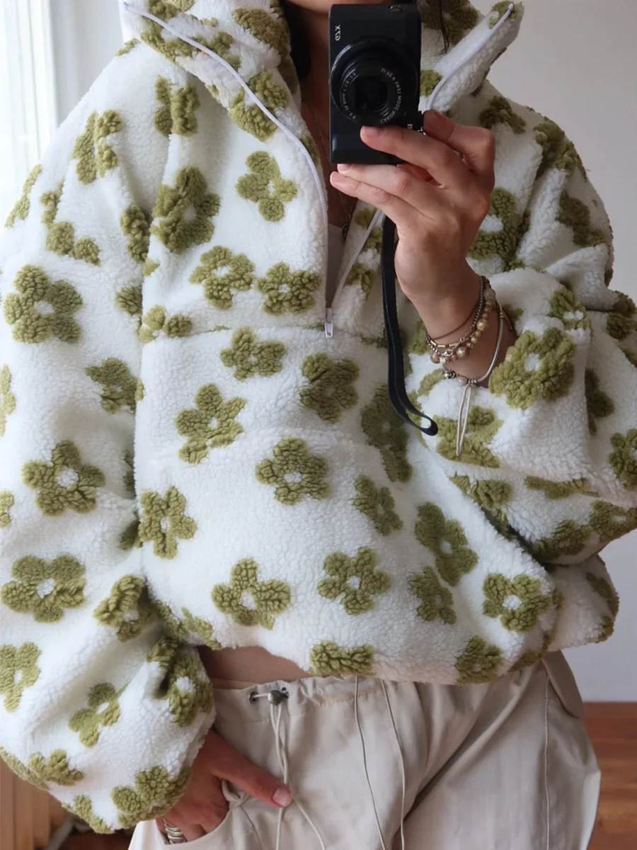 Fleece Flower Sweatshirt For Women 2025 Autumn Winter New Fashion Hoodies Warm Fur Top Zipper Pullovers Casual Outwear