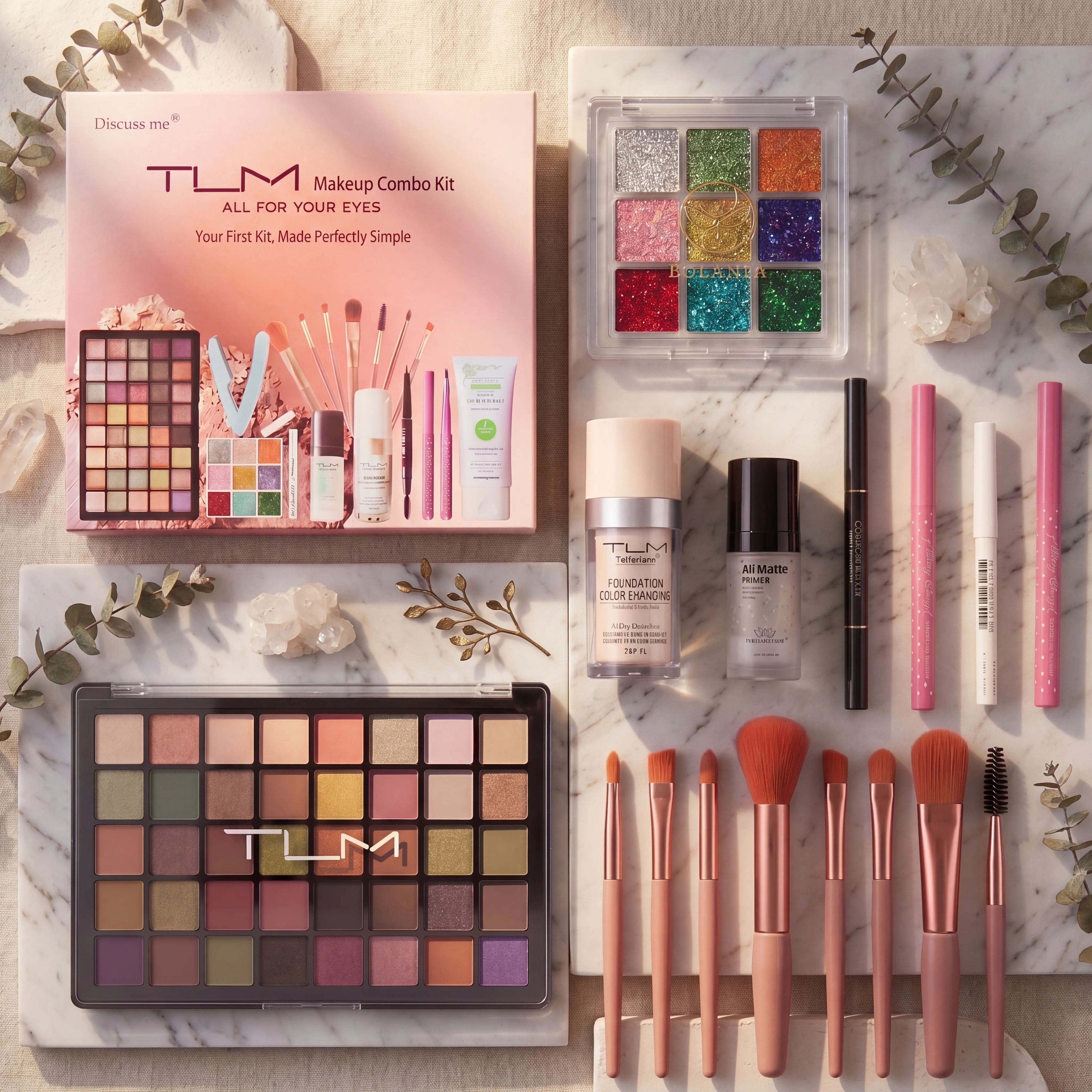 TLM FULL 18‑PIECE MAKEUP COMBO KIT, BEGINNER MAKEUP GIFT BOX, INCLUDES EYESHADOW PALETTE, GLITTER SEQUINS, MAKEUP BRUSHES, LIQUID FOUNDATION, MAKEUP PRIMER, CLEANSING CREAM, EYEBROW PENCIL, EYEBROW TRIMMER, PERFECT FOR VALENTINE'S DAY GIFT. 3