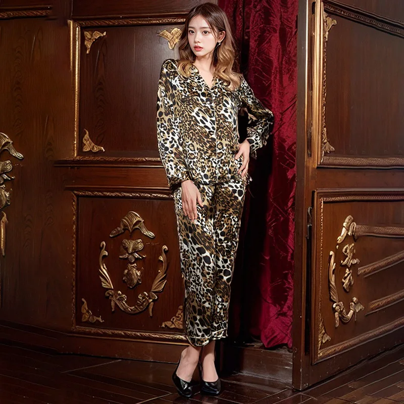 Pure Silk Leopard Pattern Piping Trim Pajamas 2Pcs 100% mulberry silk Women's pajama Two-piece set luxury pyjamas sleepwear - Image 3
