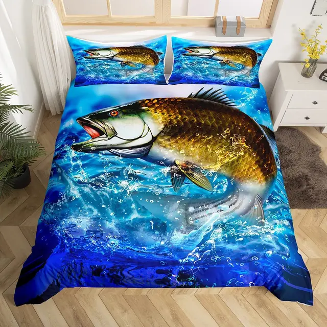 Swordfish Green Ocean Duvet Quilt Cover Queen Marine Fish Bedding Set  Pillowcase