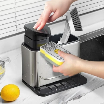 ที่วางฟองน้ำและที่จ่ายสบู่อเนกประสงค์ สแตนเลส 1 ชิ้น สำหรับอ่างล้างจาน อุปกรณ์จัดระเบียบในครัว 1