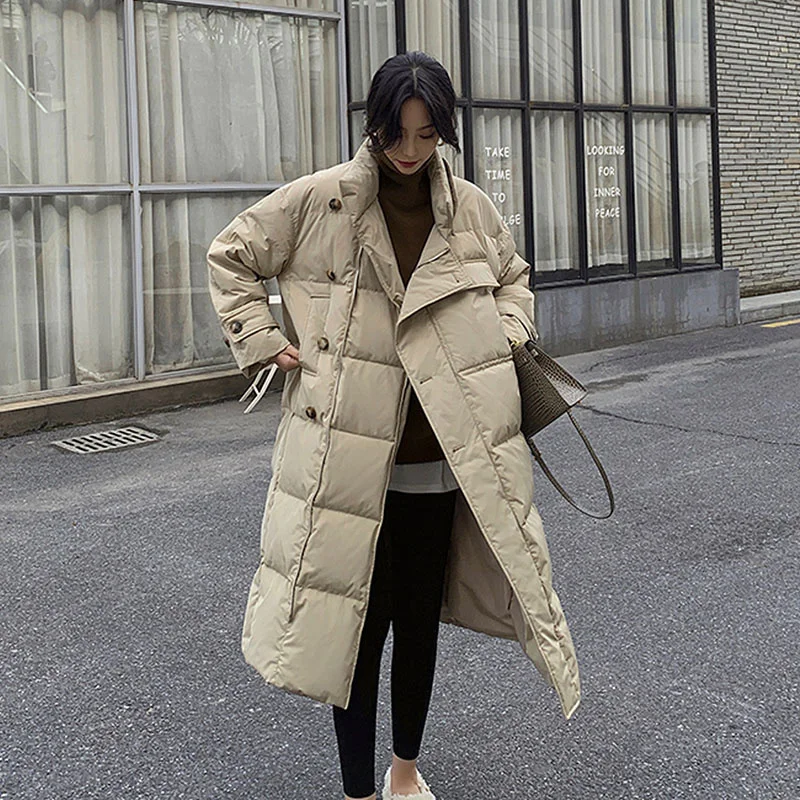 

Winter Mid-length Cotton-padded Overcoat Korean Stand Collar Single-breasted Women Thicken Warm Cotton Parkas Coat Black Khaki