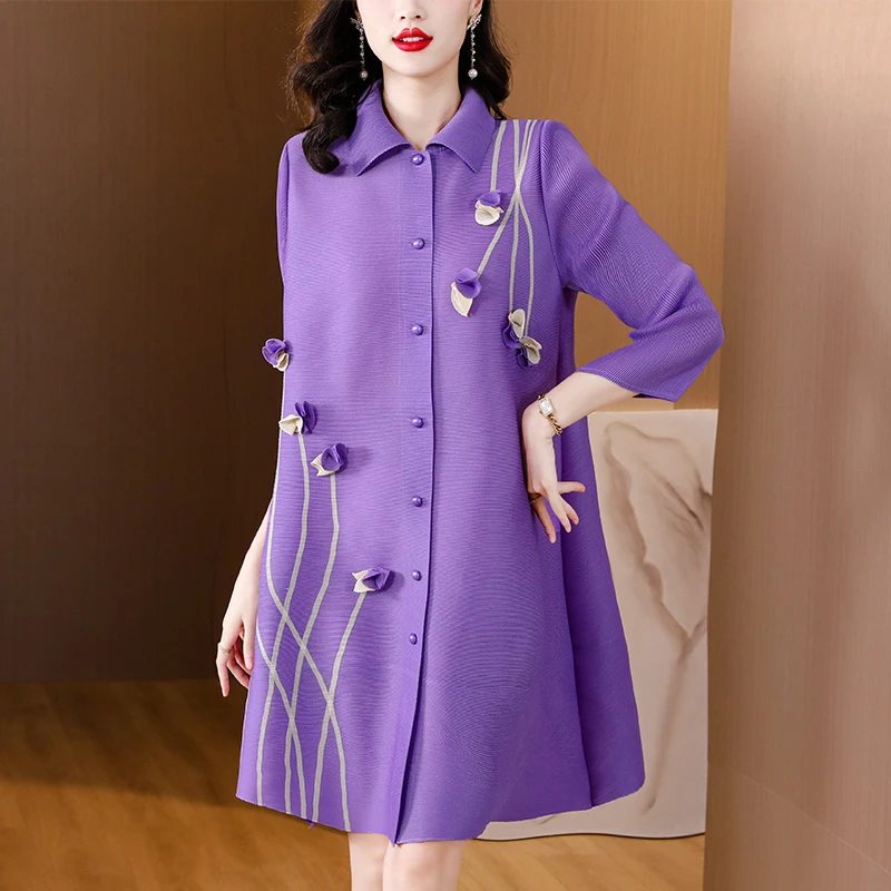 

Mike Pleated Magic Dress 2023 New Polo Neck Women's Loose Large Stretch Cardigan Dress Slim Knee Length A-line Long Dress