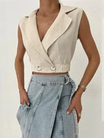 2024 Summer Women Solid Khaki Linen Tank Tops Sleeveless V-neck Vest Crop Tops For Women Female - Image 2
