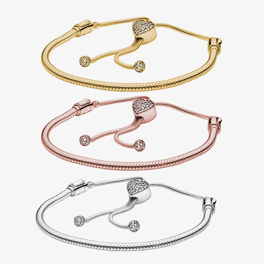 Pandora Pavé Heart Clasp Snake Chain Slider Bracciale Regalo Di Compleanno Da Donna Regalo Di Gioielli In Argento Sterling 925