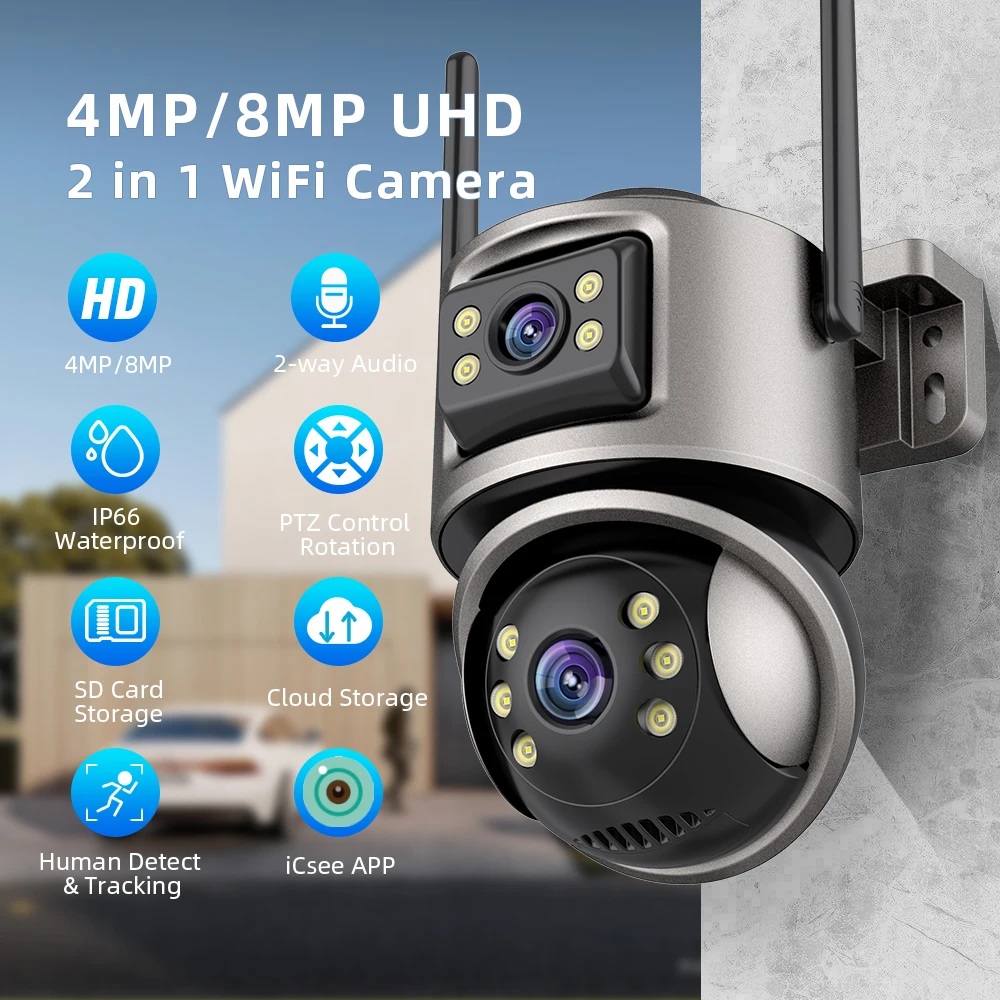 

4K 8MP HD Wifi PTZ Camera Outdoor 4MP Dual Lens Dual Screen AI Auto Tracking IP Camera CCTV Audio Video Surveillance P2P iCSee