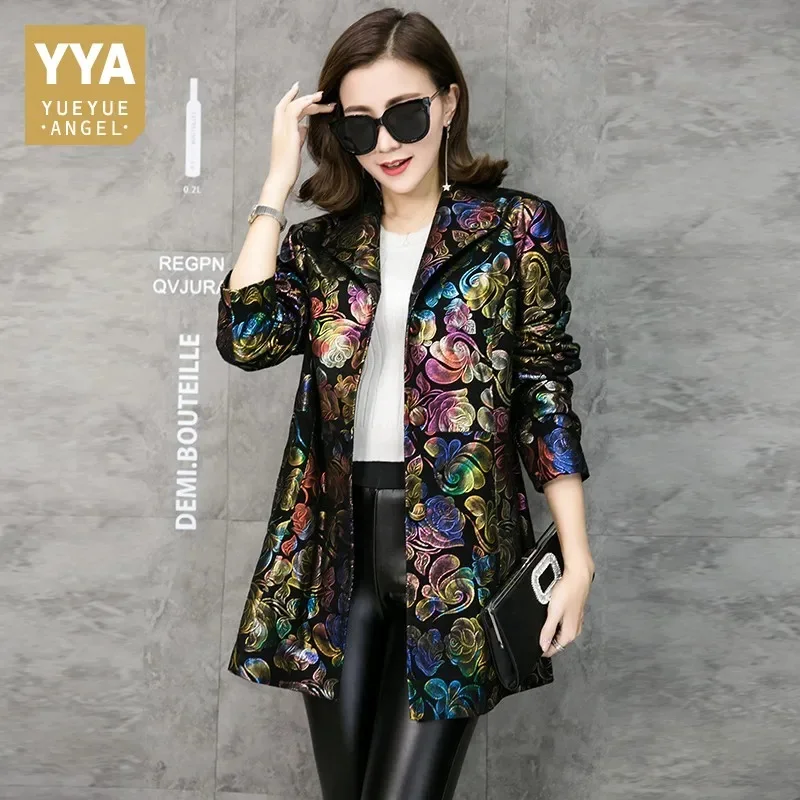 

Free Shipping Multicolor Floral Print Genuine Leather Trench Coat Real Lambskin Coats Fashion Long Outerwear
