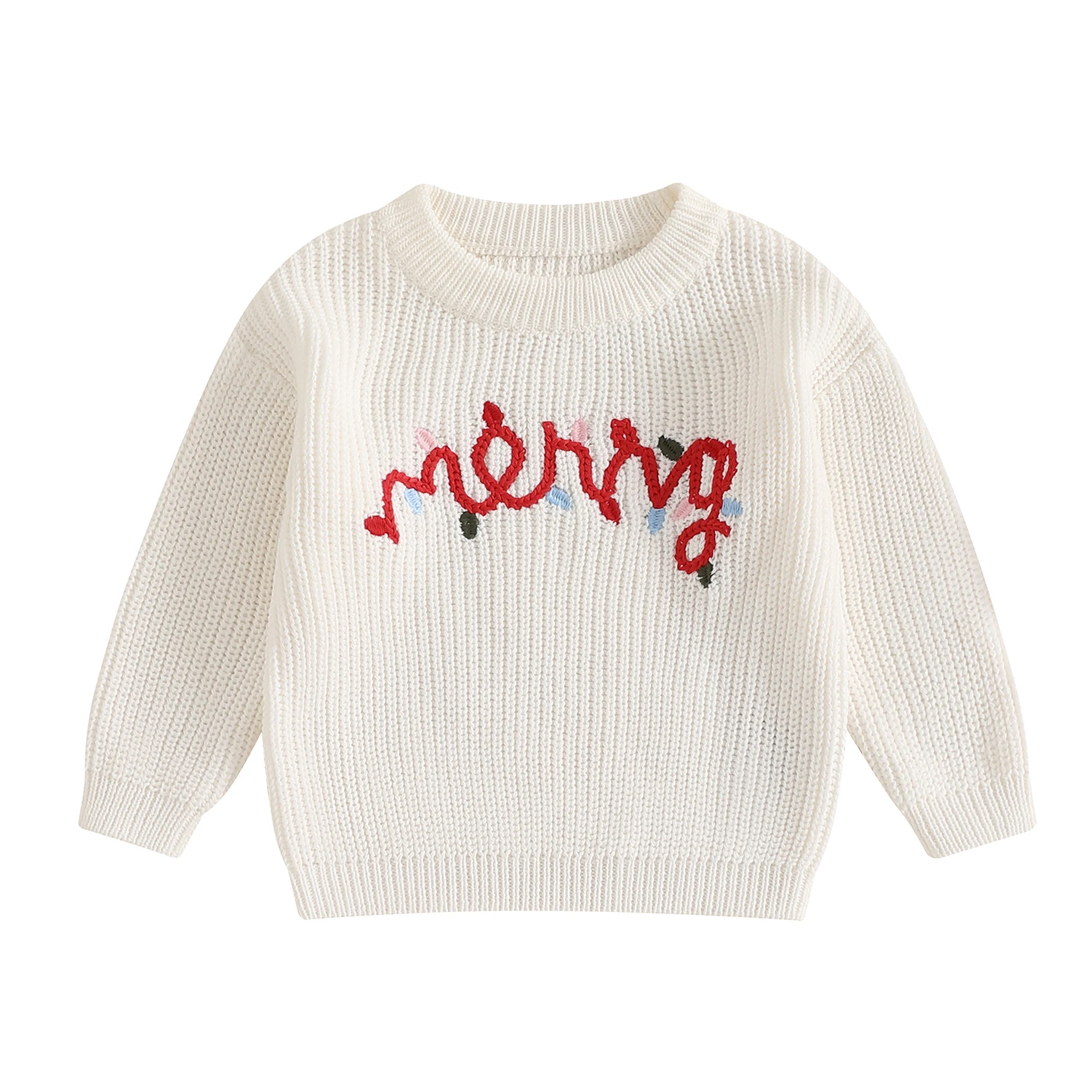 0-3Years Baby Boy Girl Christmas Sweaters Letter Light String Embroidery Long Sleeve Round Neck Chunky Pullover Warm Knitwears