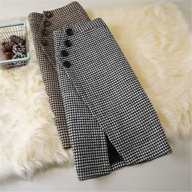 Design Houndstooth Midi Skirt Women's Autumn Winter Woolen Irregular High Waist All-Match A- Line Hip Skirt Femme