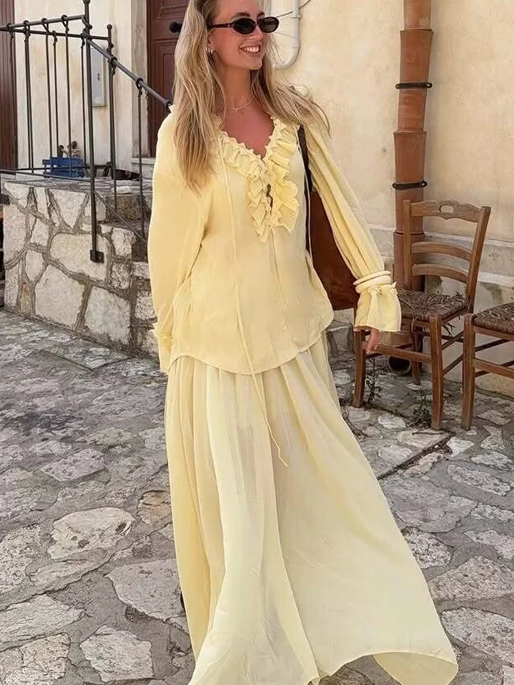 TFMLN Women Ruffles Lace-up Shirts Skirt Set Casual Fashion Loose Long Sleeve V Neck Summer Blouse Midi Skirt Lady Holiday Suit