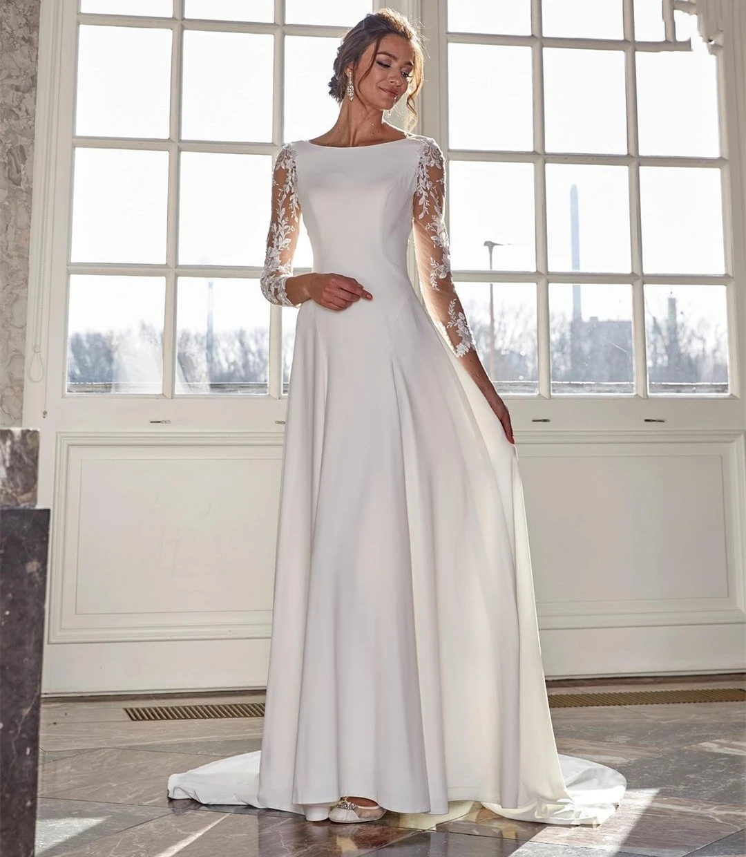Simple Long Sleeve Wedding Dress Floor Length A-Line Robe De Mariee Customzie For Women Bridal Gowns Elegant vestido de novia 2