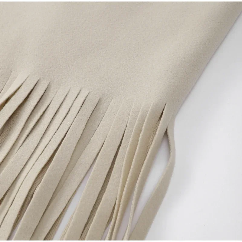 Abrigo largo de lana con borlas para mujer, chaqueta holgada de manga larga con solapa y botonadura sencilla, color marrón, primavera 2025