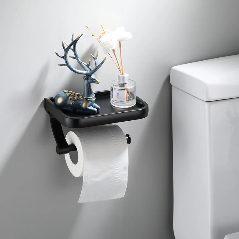 

Punch-free Aluminum Alloy Toilet Paper Holder Bathroom Wall-mounted Toilet Paper Phone Holder Shelf Towel Roll Shelf Accessories