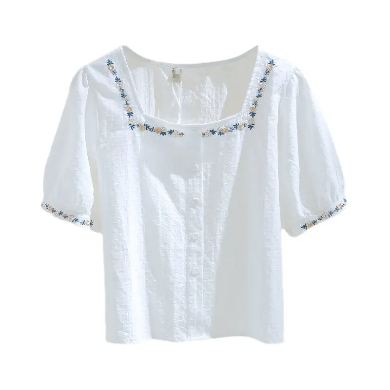 여성용 스퀘어 칼라 블라우스 셔츠, 반팔 2024, 루즈한 자수 탑, 여름