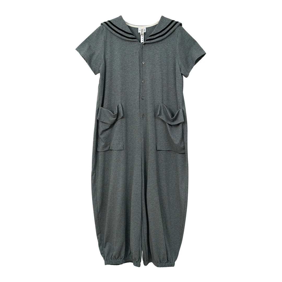 IMAKOKONI original design summer short sleeve single breasted romper Grey striped pockets loose fashion romper women 234145