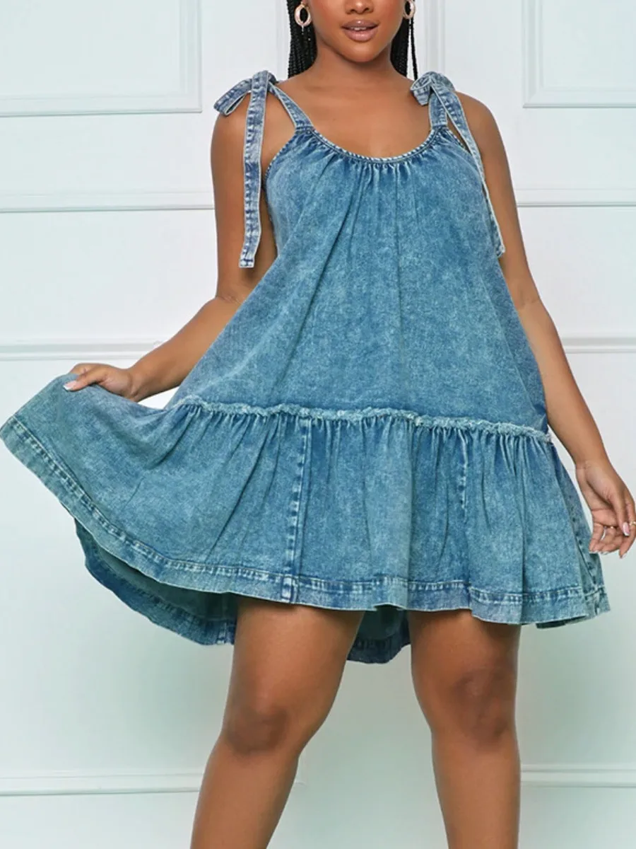 

LW Bandage Ruffle Design A Line Dress Plain Denim U Neck Shoulder Tie Lace Up Patchwork Going Outwears Loose Fit Swing Dresses