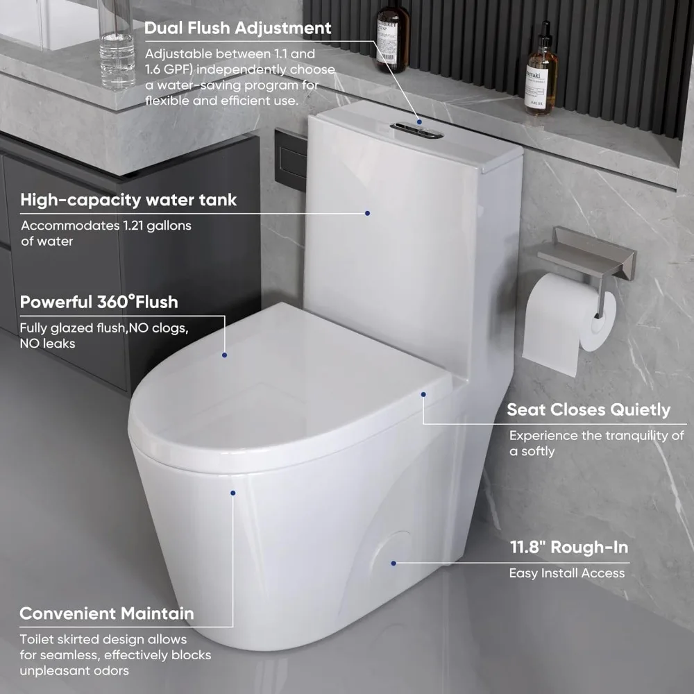 One Piece Toilet,  Elongated Dual Flush Toilet with 15.5"W Soft Closing Seat, 17" Comfort Height Seat,  Toilets for Bathroom 3