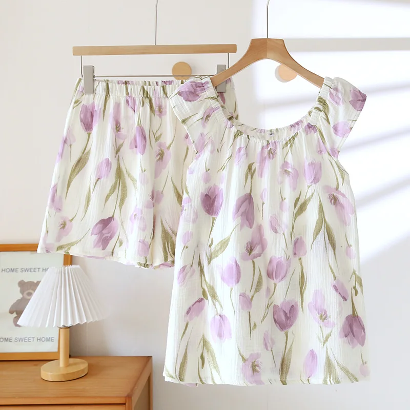 Women's 2025 Cotton Crepe Vest & Shorts Pajama Set