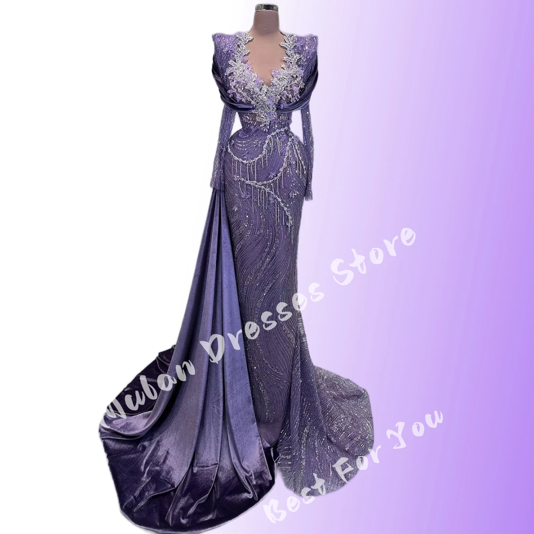 

V-neck Sparkly Purple Crystal Luxury Evening Dresses 2024 Long Sleeves Side Train Beaded Formal Occasion Prom Dress Party Gown