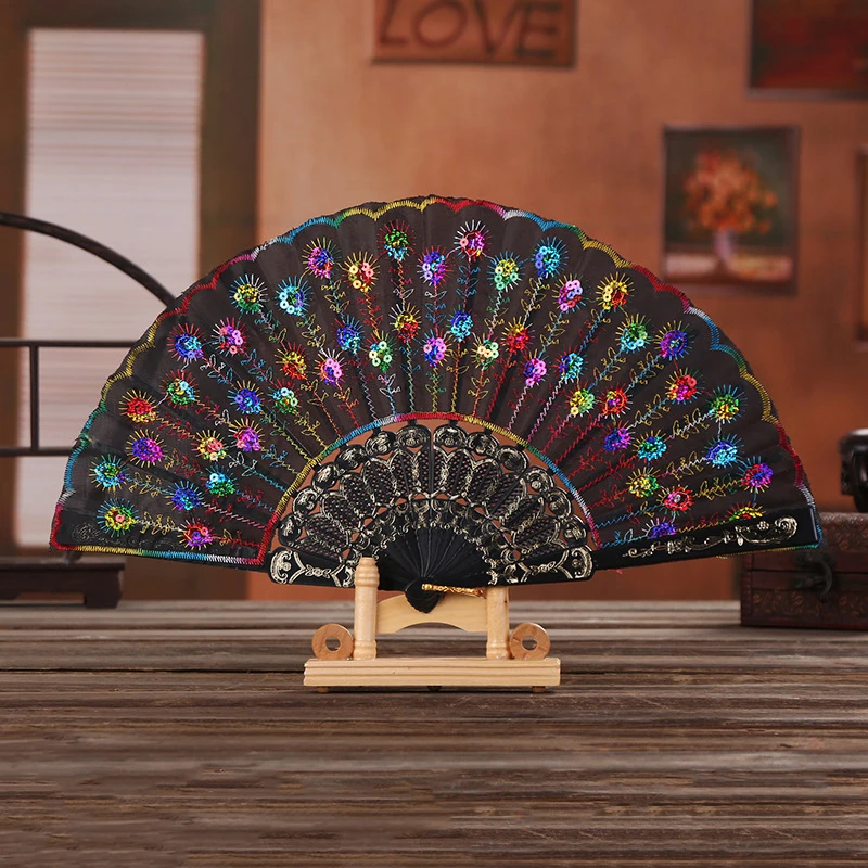 Description Picture 4 of itemLace Silk Folding Hand Solid Color Hollow Lace Women Hand Held Flower Fan Folding Wedding Fans Festival Gift Decor Spanish Style