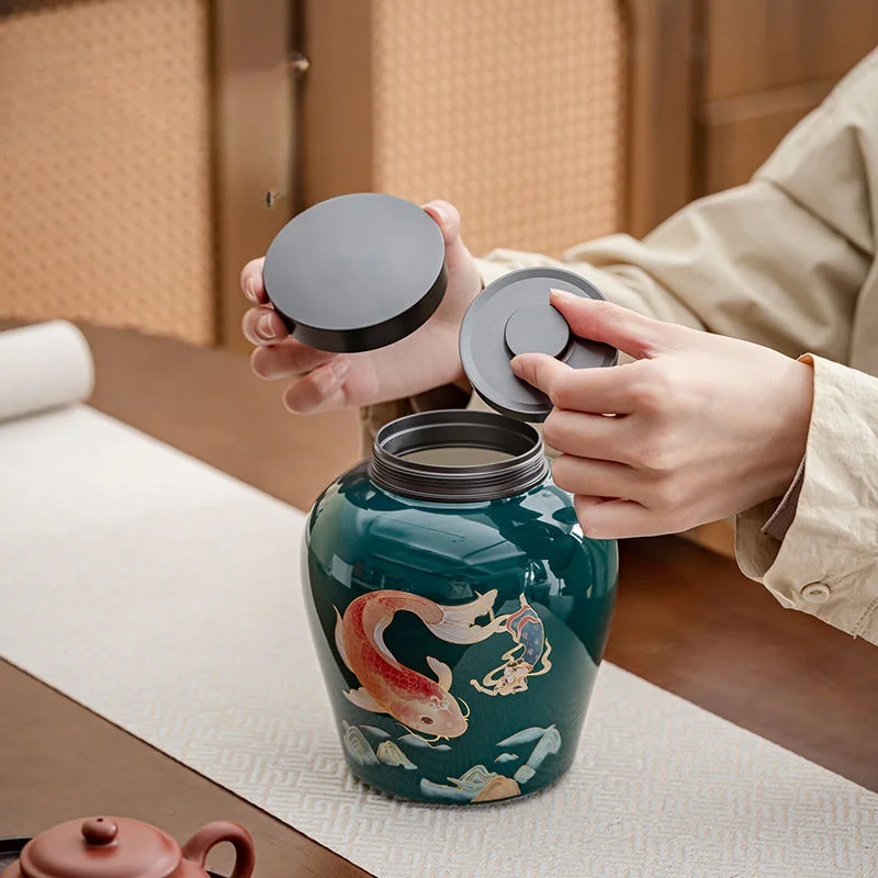 Modern Green Carp Ceramic Decoration Jar Porch Living Room Ornament Alloy Lid Sealed Tea Caddy Storage Container Home Decoration 4